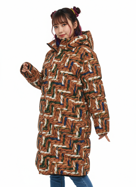 032 NISHIKIx Tweed Print Unisex Long Down Jacket - Burnt Sienna