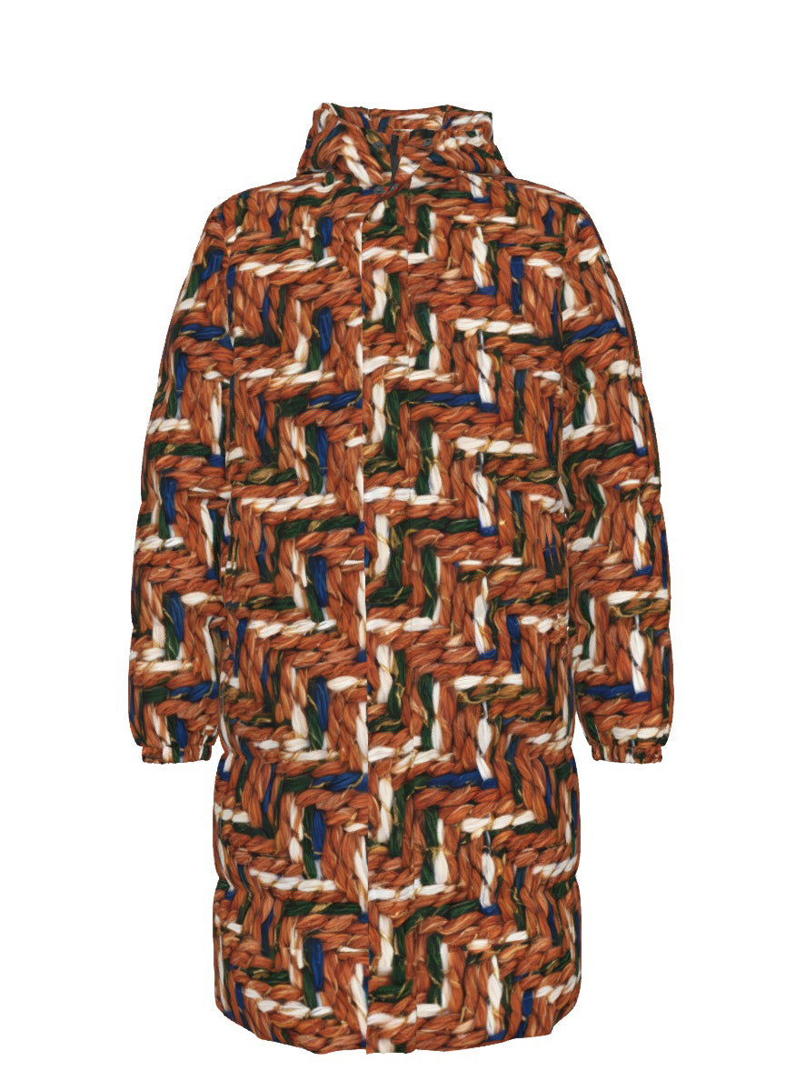 032 NISHIKIx Tweed Print Unisex Long Down Jacket - Burnt Sienna