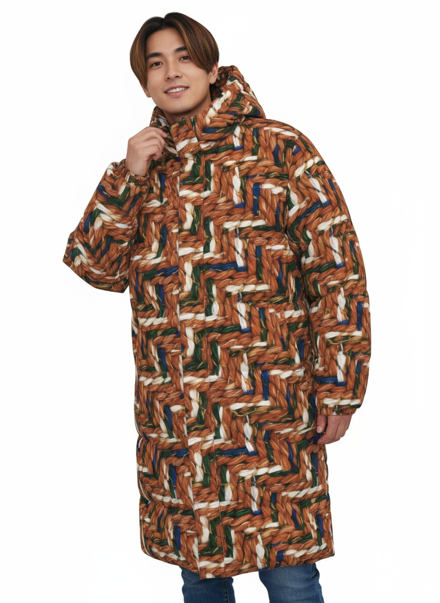 032 NISHIKIx Tweed Print Unisex Long Down Jacket - Burnt Sienna