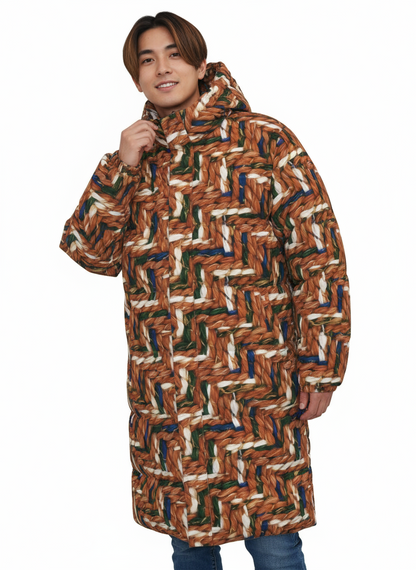 032 NISHIKIx Tweed Print Unisex Long Down Jacket - Burnt Sienna