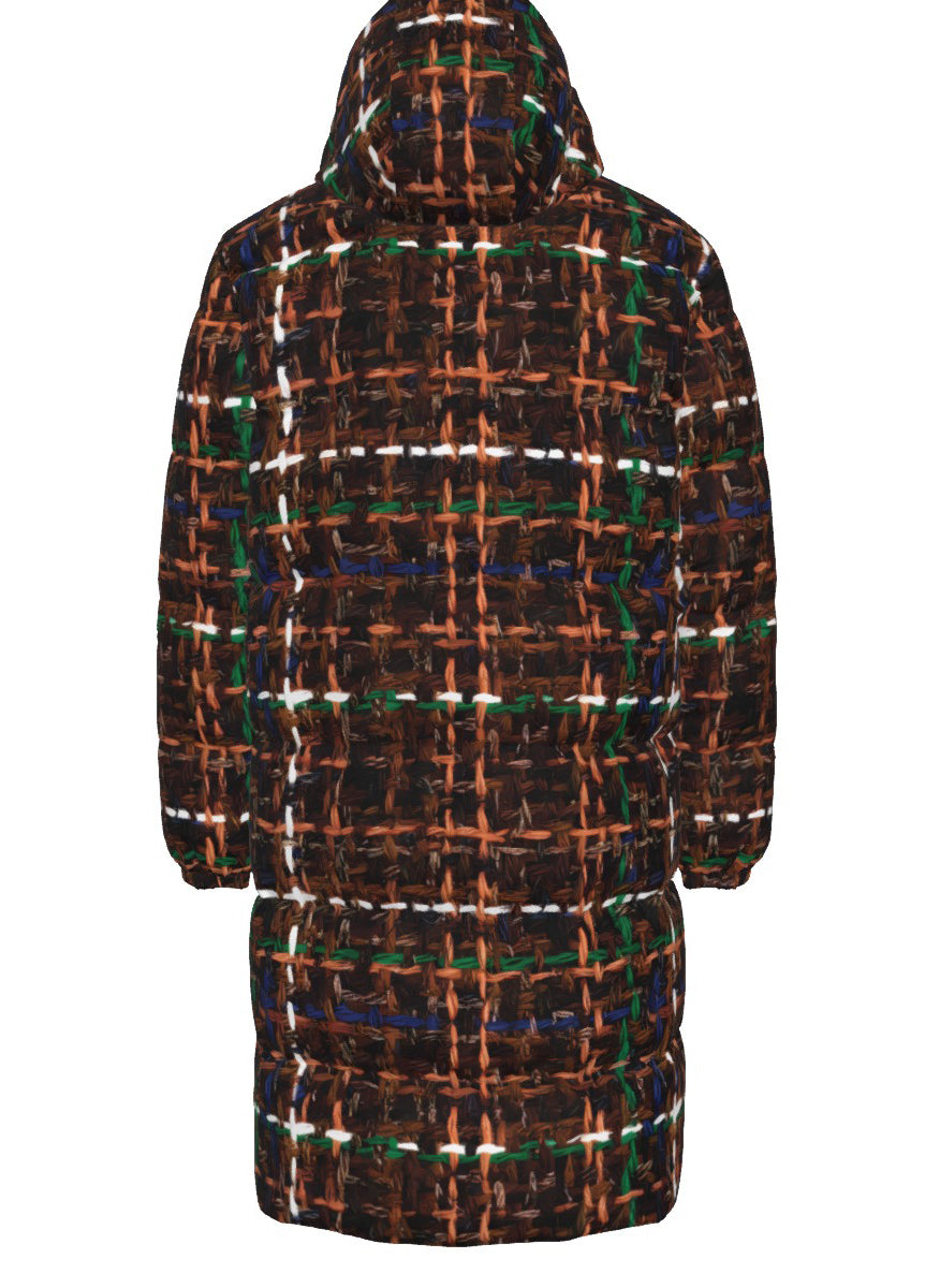 033 NISHIKIx Tweed Print Unisex Long Down Jacket - Burnt Umber