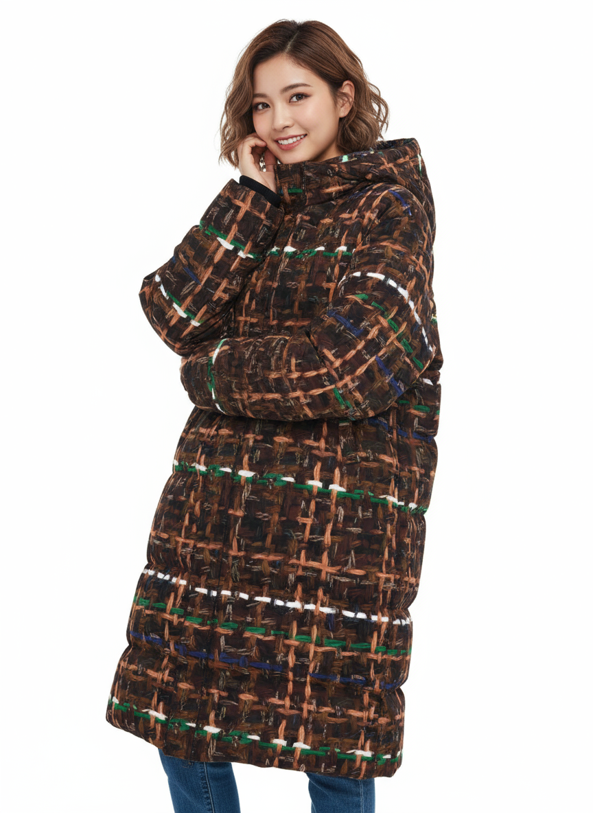 033 NISHIKIx Tweed Print Unisex Long Down Jacket - Burnt Umber