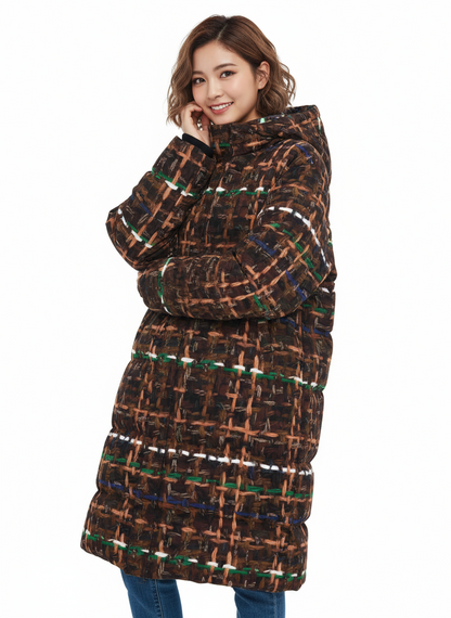 033 NISHIKIx Tweed Print Unisex Long Down Jacket - Burnt Umber