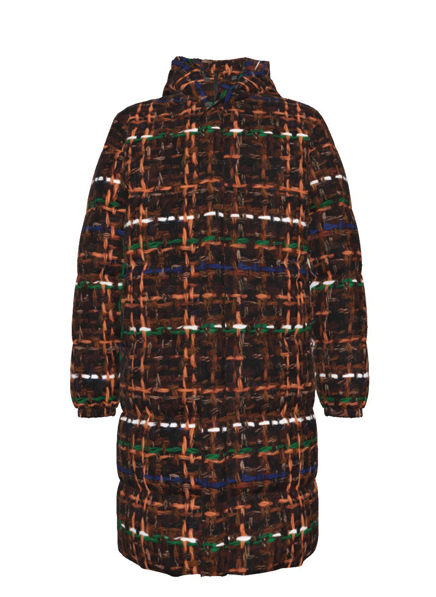 033 NISHIKIx Tweed Print Unisex Long Down Jacket - Burnt Umber