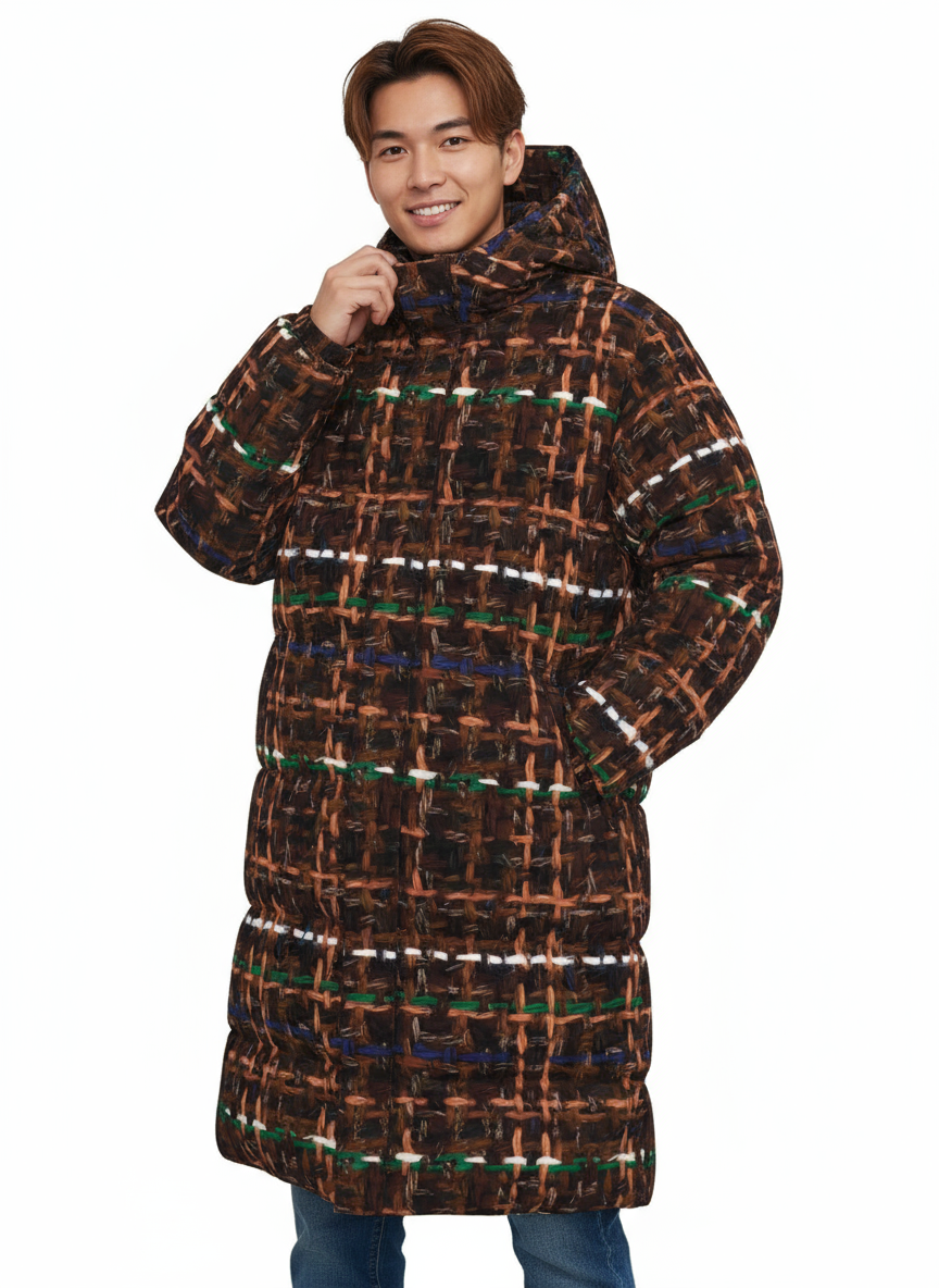 033 NISHIKIx Tweed Print Unisex Long Down Jacket - Burnt Umber