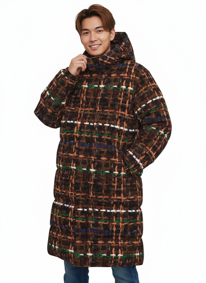 033 NISHIKIx Tweed Print Unisex Long Down Jacket - Burnt Umber