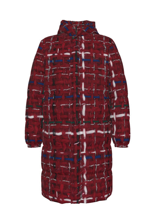 053 NISHIKIx Tweed Print Unisex Long Down Jacket - Carmine