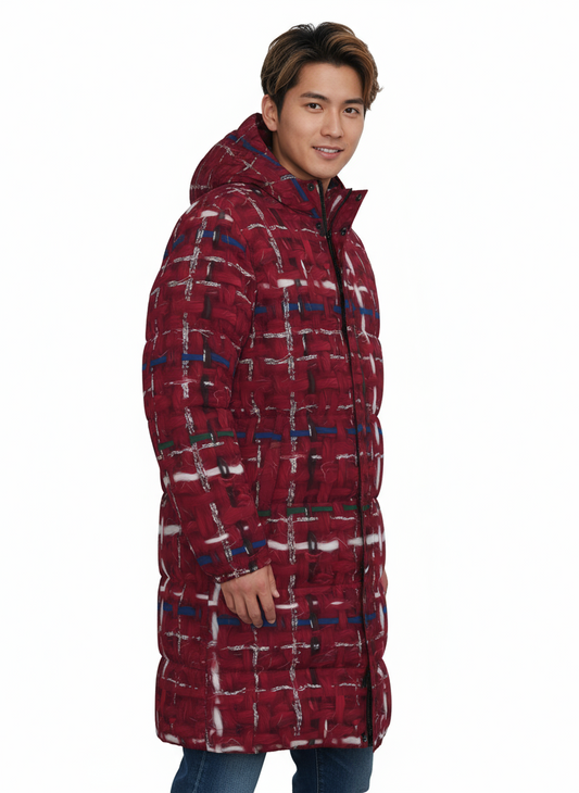 053 NISHIKIx Tweed Print Unisex Long Down Jacket - Carmine