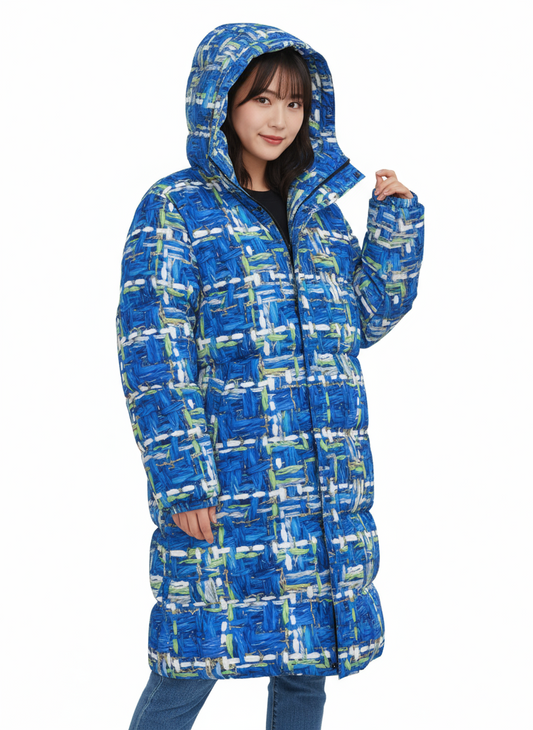 062 NISHIKIx Tweed Print Unisex Long Down Jacket - Cerulean Blue