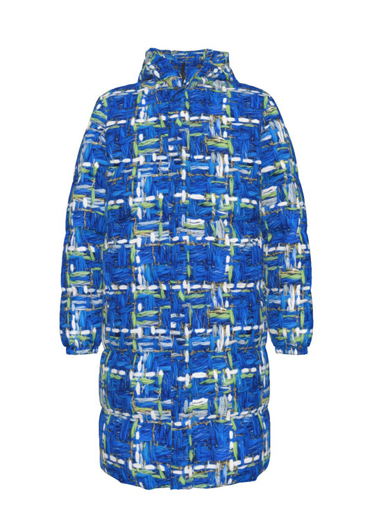 062 NISHIKIx Tweed Print Unisex Long Down Jacket - Cerulean Blue
