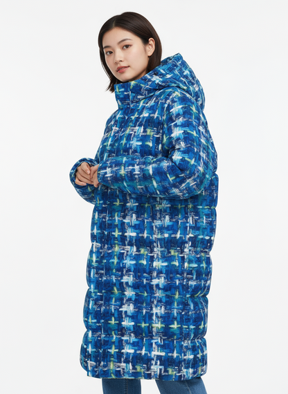 021 NISHIKIx Tweed Print Unisex Long Down Jacket - Cobalt Blue
