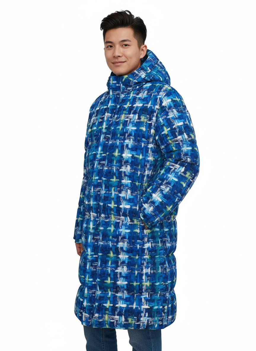 021 NISHIKIx Tweed Print Unisex Long Down Jacket - Cobalt Blue
