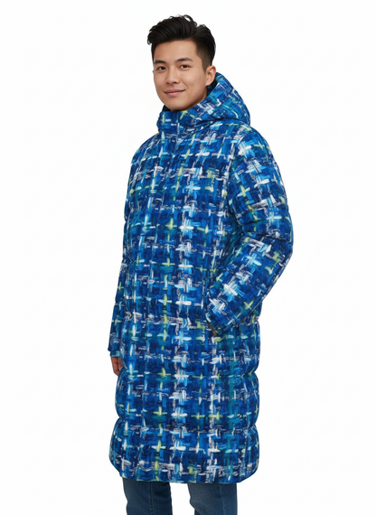 021 NISHIKIx Tweed Print Unisex Long Down Jacket - Cobalt Blue