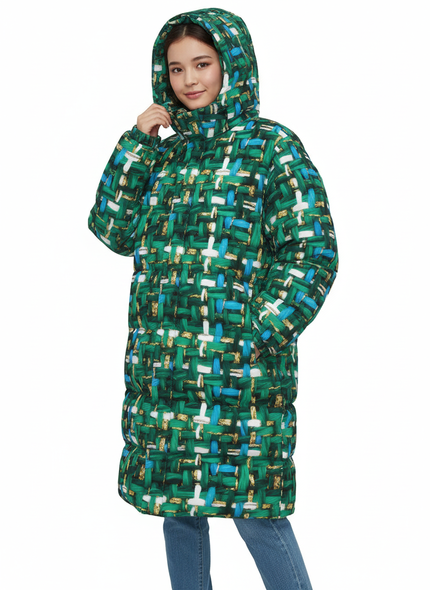 018 NISHIKIx Tweed Print Unisex Long Down Jacket - Cobalt Green