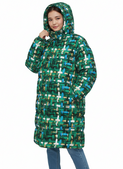 018 NISHIKIx Tweed Print Unisex Long Down Jacket - Cobalt Green