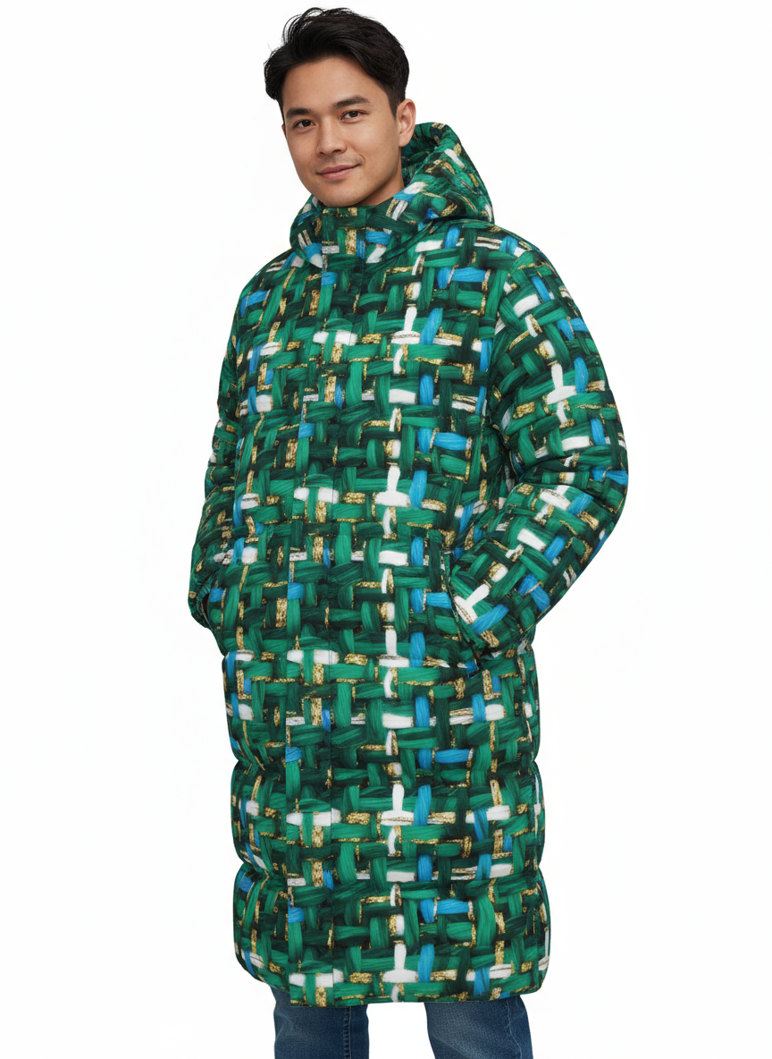 018 NISHIKIx Tweed Print Unisex Long Down Jacket - Cobalt Green