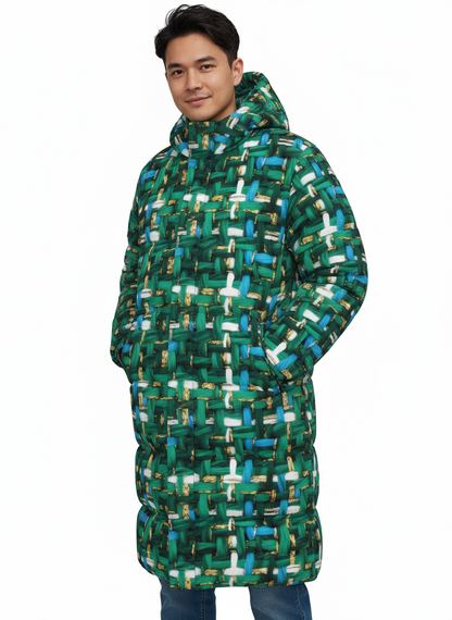 018 NISHIKIx Tweed Print Unisex Long Down Jacket - Cobalt Green