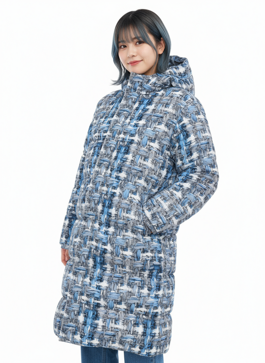 070 NISHIKIx Tweed Print Unisex Long Down Jacket - Cool Gray