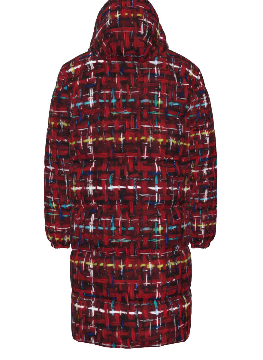 009 NISHIKIx Tweed Print Unisex Long Down Jacket - Crimson
