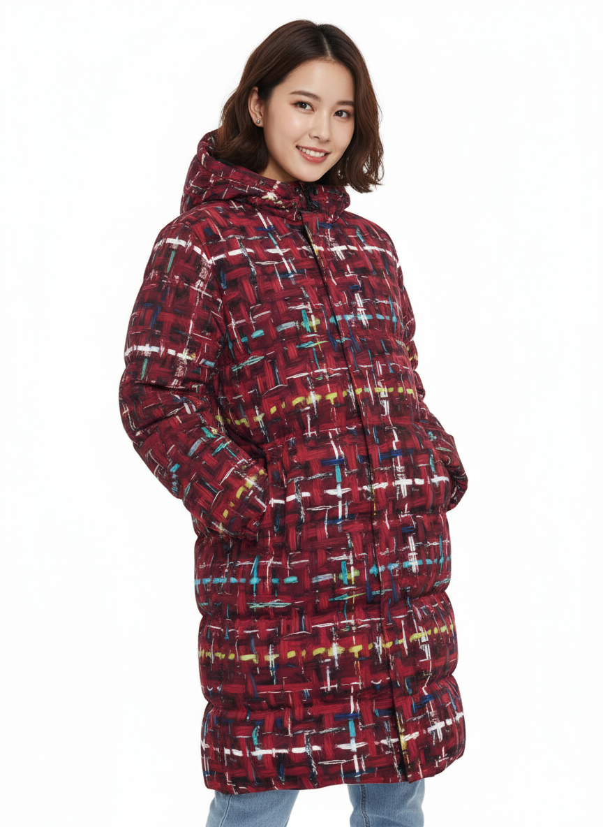 009 NISHIKIx Tweed Print Unisex Long Down Jacket - Crimson