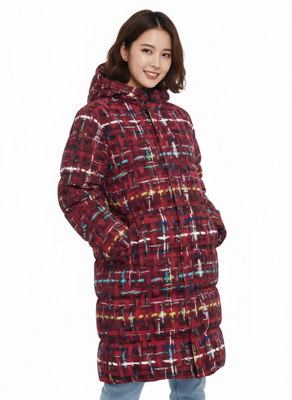 009 NISHIKIx Tweed Print Unisex Long Down Jacket - Crimson