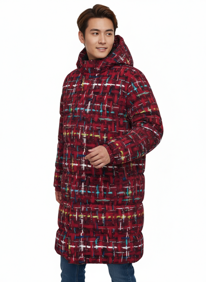009 NISHIKIx Tweed Print Unisex Long Down Jacket - Crimson