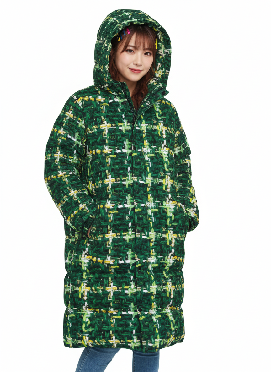 016 NISHIKIx Tweed Print Unisex Long Down Jacket - Deep Green