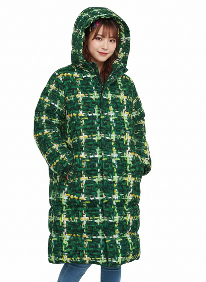 016 NISHIKIx Tweed Print Unisex Long Down Jacket - Deep Green