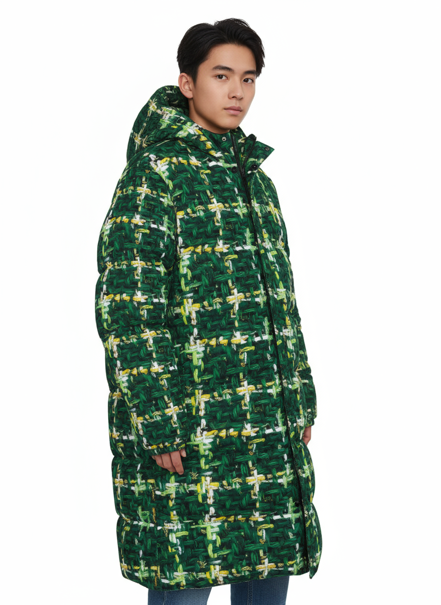 016 NISHIKIx Tweed Print Unisex Long Down Jacket - Deep Green