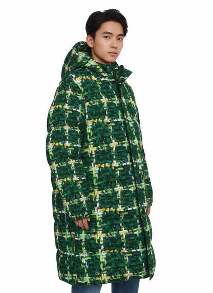 016 NISHIKIx Tweed Print Unisex Long Down Jacket - Deep Green