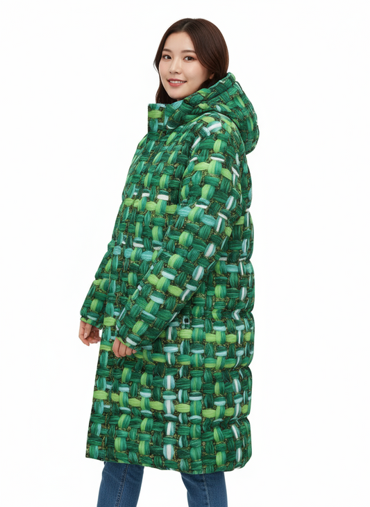 058 NISHIKIx Tweed Print Unisex Long Down Jacket - Emerald Green