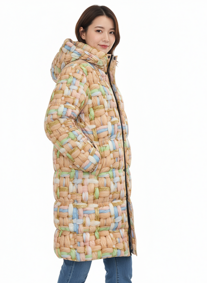 012 NISHIKIx Tweed Print Unisex Long Down Jacket - Flesh