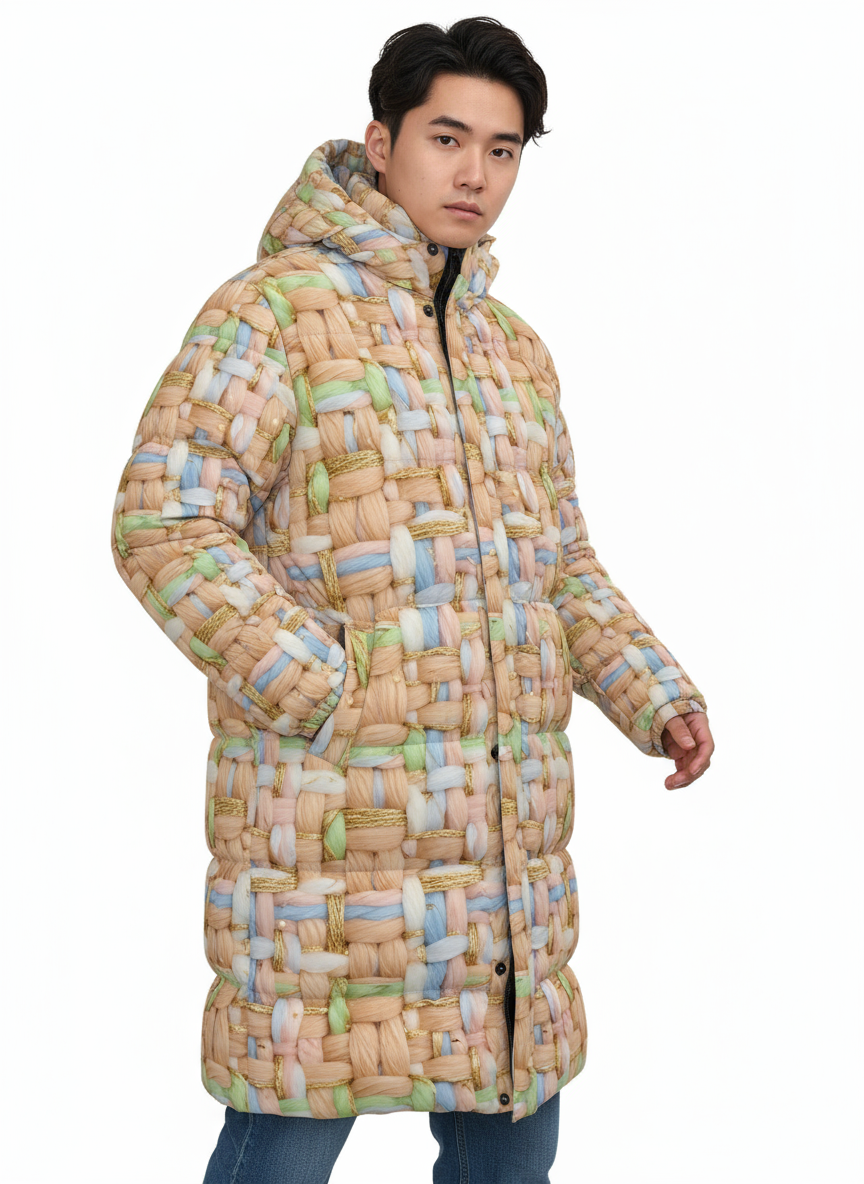 012 NISHIKIx Tweed Print Unisex Long Down Jacket - Flesh