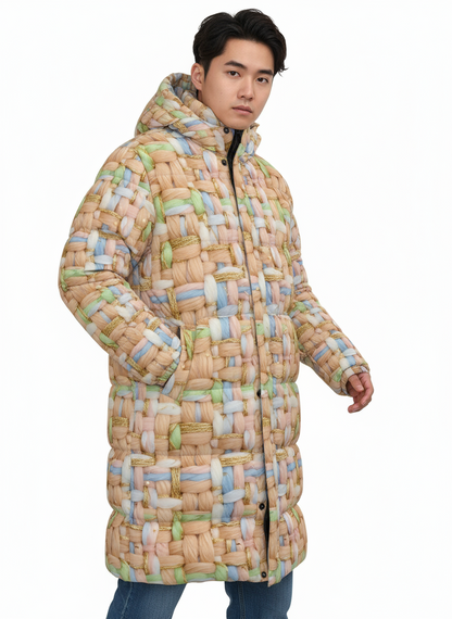 012 NISHIKIx Tweed Print Unisex Long Down Jacket - Flesh
