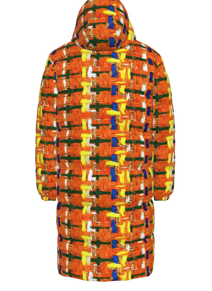 046 NISHIKIx Tweed Print Unisex Long Down Jacket - Fluorescent Orange