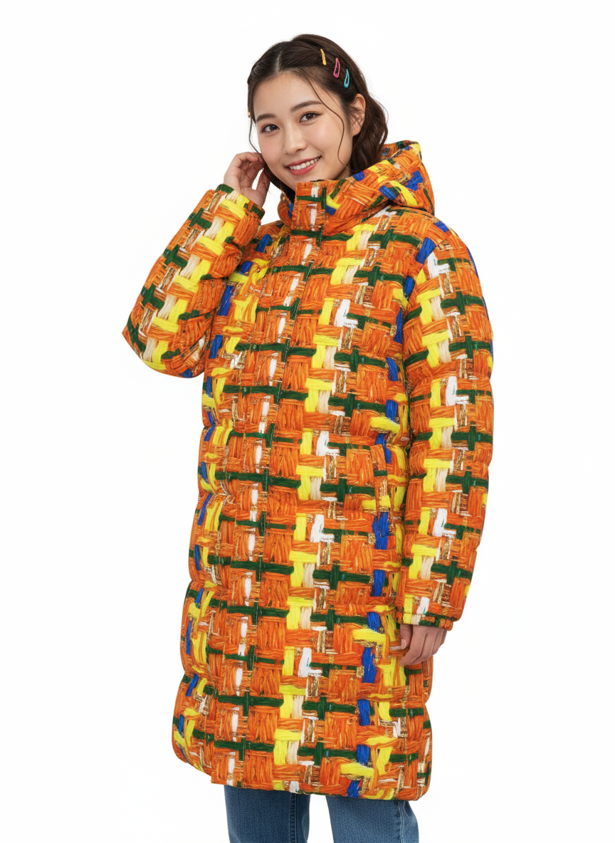 046 NISHIKIx Tweed Print Unisex Long Down Jacket - Fluorescent Orange