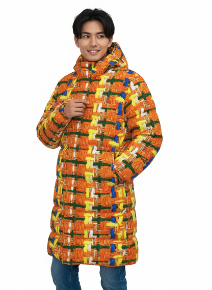 046 NISHIKIx Tweed Print Unisex Long Down Jacket - Fluorescent Orange