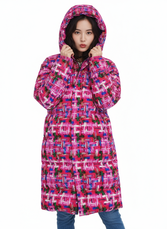 048 NISHIKIx Tweed Print Unisex Long Down Jacket - Fluorescent Pink