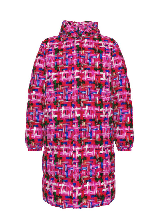 048 NISHIKIx Tweed Print Unisex Long Down Jacket - Fluorescent Pink