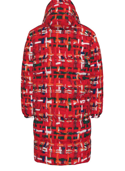 047 NISHIKIx Tweed Print Unisex Long Down Jacket - Fluorescent Red