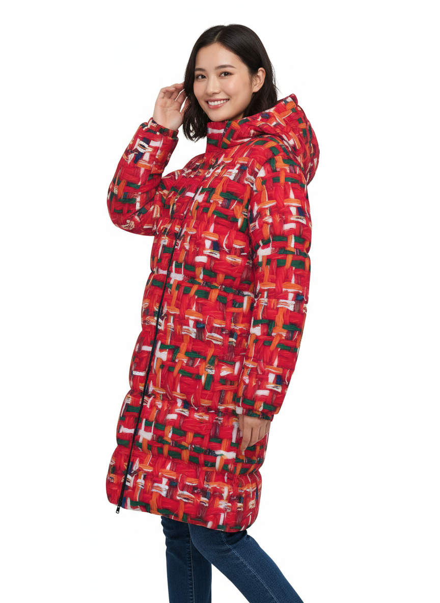 047 NISHIKIx Tweed Print Unisex Long Down Jacket - Fluorescent Red