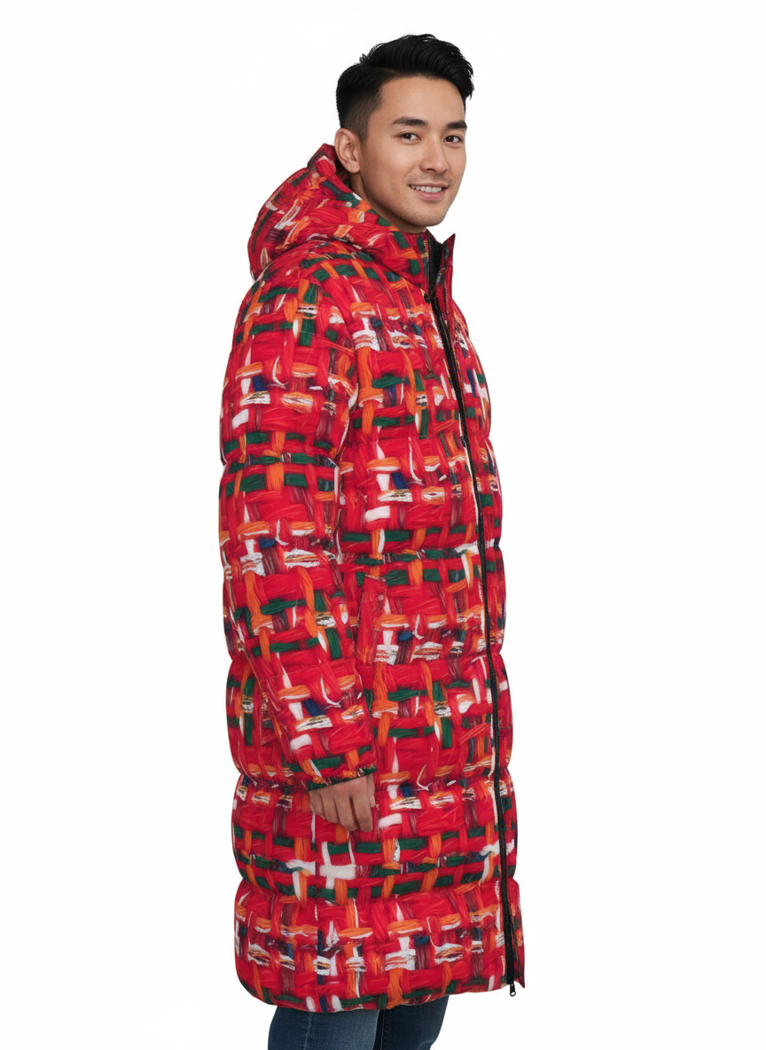 047 NISHIKIx Tweed Print Unisex Long Down Jacket - Fluorescent Red