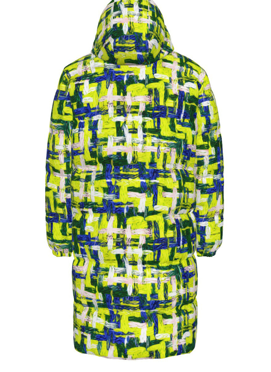 045 NISHIKIx Tweed Print Unisex Long Down Jacket - Fluorescent Yellow