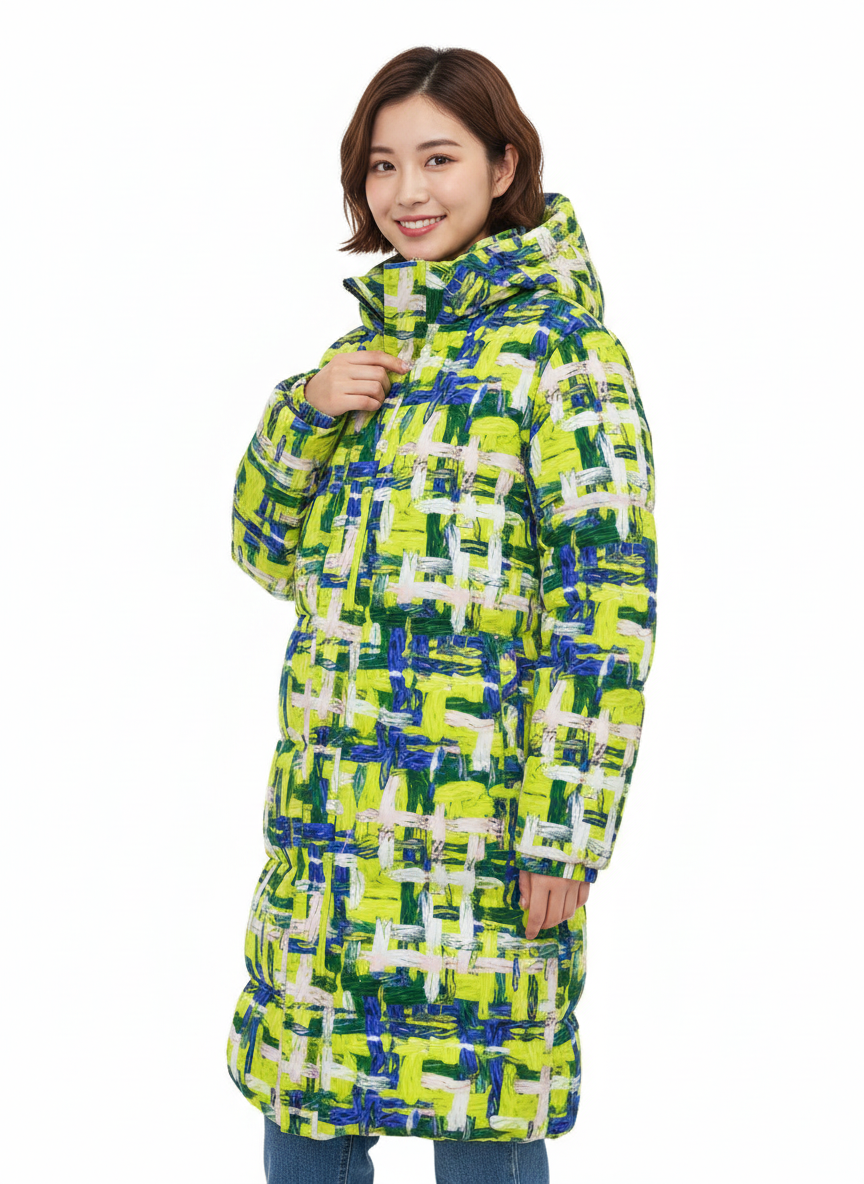 045 NISHIKIx Tweed Print Unisex Long Down Jacket - Fluorescent Yellow