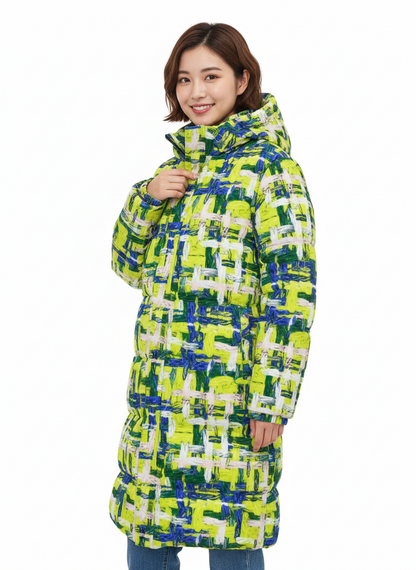 045 NISHIKIx Tweed Print Unisex Long Down Jacket - Fluorescent Yellow