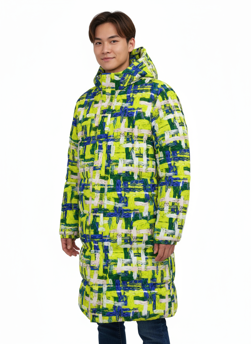 045 NISHIKIx Tweed Print Unisex Long Down Jacket - Fluorescent Yellow