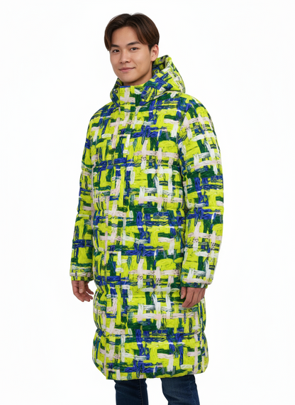 045 NISHIKIx Tweed Print Unisex Long Down Jacket - Fluorescent Yellow