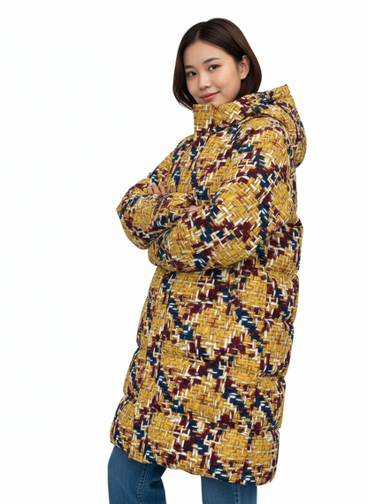 042 NISHIKIx Tweed Print Unisex Long Down Jacket - Gold