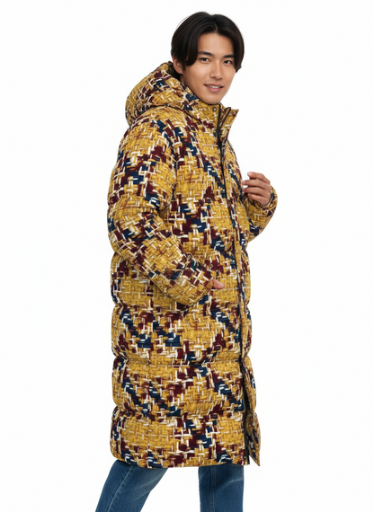 042 NISHIKIx Tweed Print Unisex Long Down Jacket - Gold