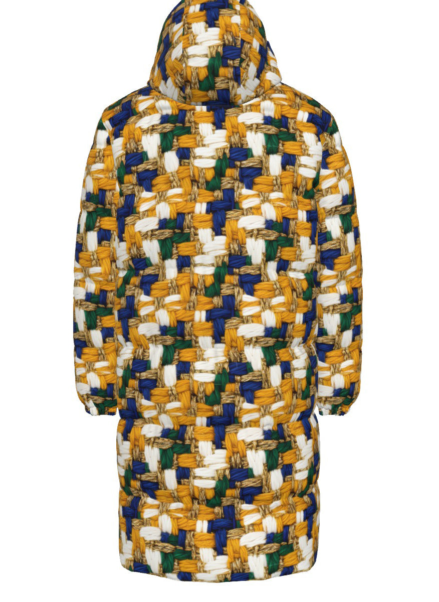 030 NISHIKIx Tweed Print Unisex Long Down Jacket - Golden Ochre